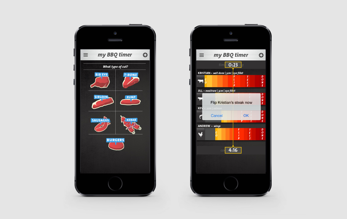 my BBQ timer - Selecting the cut of your meat screen - Push interactions app review