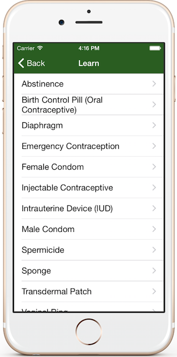 Learn About Contraception App Screen